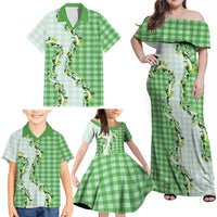 Green Hawaii Palaka Family Matching Off Shoulder Maxi Dress and Hawaiian Shirt Maile Pikake Honohono Orchid Lei LT05 - Polynesian Pride