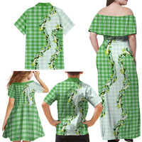 Green Hawaii Palaka Family Matching Off Shoulder Maxi Dress and Hawaiian Shirt Maile Pikake Honohono Orchid Lei LT05 Mom's Dress Green - Polynesian Pride