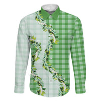 Green Hawaii Palaka Family Matching Off Shoulder Maxi Dress and Hawaiian Shirt Maile Pikake Honohono Orchid Lei
