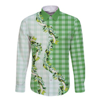 Green Hawaii Palaka Long Sleeve Button Shirt Maile Pikake Honohono Orchid Lei