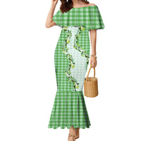 Green Hawaii Palaka Mermaid Dress Maile Pikake Honohono Orchid Lei