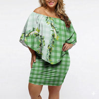 Green Hawaii Palaka Off Shoulder Short Dress Maile Pikake Honohono Orchid Lei LT05 Women Green - Polynesian Pride