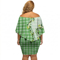 Green Hawaii Palaka Off Shoulder Short Dress Maile Pikake Honohono Orchid Lei LT05 - Polynesian Pride