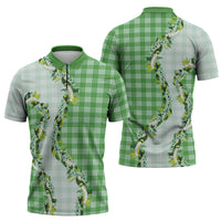 Green Hawaii Palaka Zipper Polo Shirt Maile Pikake Honohono Orchid Lei LT05 - Polynesian Pride