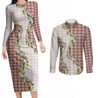 Mocha Hawaii Palaka Couples Matching Long Sleeve Bodycon Dress and Long Sleeve Button Shirt Maile Pikake Honohono Orchid Lei LT05 Mocha - Polynesian Pride
