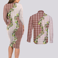 Mocha Hawaii Palaka Couples Matching Long Sleeve Bodycon Dress and Long Sleeve Button Shirt Maile Pikake Honohono Orchid Lei LT05 - Polynesian Pride