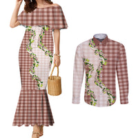 Mocha Hawaii Palaka Couples Matching Mermaid Dress and Long Sleeve Button Shirt Maile Pikake Honohono Orchid Lei LT05 Mocha - Polynesian Pride
