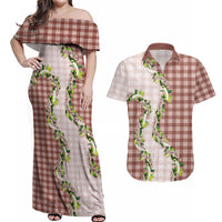 Mocha Hawaii Palaka Couples Matching Off Shoulder Maxi Dress and Hawaiian Shirt Maile Pikake Honohono Orchid Lei LT05 Mocha - Polynesian Pride