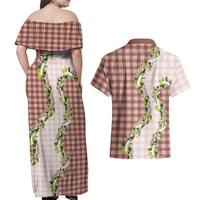 Mocha Hawaii Palaka Couples Matching Off Shoulder Maxi Dress and Hawaiian Shirt Maile Pikake Honohono Orchid Lei