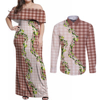 Mocha Hawaii Palaka Couples Matching Off Shoulder Maxi Dress and Long Sleeve Button Shirt Maile Pikake Honohono Orchid Lei LT05 Mocha - Polynesian Pride
