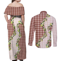 Mocha Hawaii Palaka Couples Matching Off Shoulder Maxi Dress and Long Sleeve Button Shirt Maile Pikake Honohono Orchid Lei LT05 - Polynesian Pride