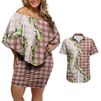 Mocha Hawaii Palaka Couples Matching Off Shoulder Short Dress and Hawaiian Shirt Maile Pikake Honohono Orchid Lei LT05 Mocha - Polynesian Pride