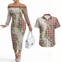 Mocha Hawaii Palaka Couples Matching Off The Shoulder Long Sleeve Dress and Hawaiian Shirt Maile Pikake Honohono Orchid Lei LT05 Mocha - Polynesian Pride