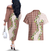 Mocha Hawaii Palaka Couples Matching Off The Shoulder Long Sleeve Dress and Hawaiian Shirt Maile Pikake Honohono Orchid Lei LT05 - Polynesian Pride