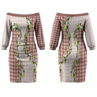 Mocha Hawaii Palaka Couples Matching Off The Shoulder Long Sleeve Dress and Hawaiian Shirt Maile Pikake Honohono Orchid Lei LT05 - Polynesian Pride