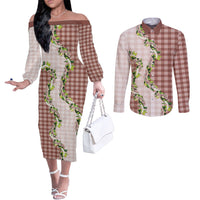 Mocha Hawaii Palaka Couples Matching Off The Shoulder Long Sleeve Dress and Long Sleeve Button Shirt Maile Pikake Honohono Orchid Lei LT05 Mocha - Polynesian Pride