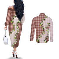 Mocha Hawaii Palaka Couples Matching Off The Shoulder Long Sleeve Dress and Long Sleeve Button Shirt Maile Pikake Honohono Orchid Lei LT05 - Polynesian Pride