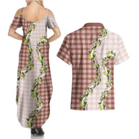 Mocha Hawaii Palaka Couples Matching Summer Maxi Dress and Hawaiian Shirt Maile Pikake Honohono Orchid Lei