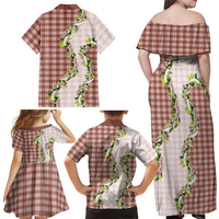 Mocha Hawaii Palaka Family Matching Off Shoulder Maxi Dress and Hawaiian Shirt Maile Pikake Honohono Orchid Lei
