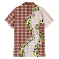 Mocha Hawaii Palaka Family Matching Off Shoulder Short Dress and Hawaiian Shirt Maile Pikake Honohono Orchid Lei LT05 Dad's Shirt - Long Sleeve Mocha - Polynesian Pride
