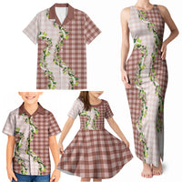 Mocha Hawaii Palaka Family Matching Tank Maxi Dress and Hawaiian Shirt Maile Pikake Honohono Orchid Lei LT05 - Polynesian Pride