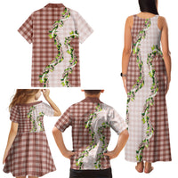 Mocha Hawaii Palaka Family Matching Tank Maxi Dress and Hawaiian Shirt Maile Pikake Honohono Orchid Lei