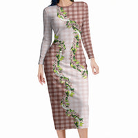 Mocha Hawaii Palaka Long Sleeve Bodycon Dress Maile Pikake Honohono Orchid Lei LT05 Long Dress Mocha - Polynesian Pride