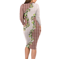 Mocha Hawaii Palaka Long Sleeve Bodycon Dress Maile Pikake Honohono Orchid Lei LT05 - Polynesian Pride