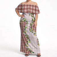 Mocha Hawaii Palaka Off Shoulder Maxi Dress Maile Pikake Honohono Orchid Lei LT05 Women Mocha - Polynesian Pride