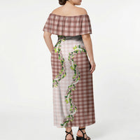 Mocha Hawaii Palaka Off Shoulder Maxi Dress Maile Pikake Honohono Orchid Lei LT05 - Polynesian Pride