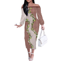 Mocha Hawaii Palaka Off The Shoulder Long Sleeve Dress Maile Pikake Honohono Orchid Lei