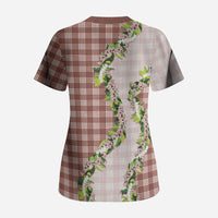 Mocha Hawaii Palaka Scrub Top Maile Pikake Honohono Orchid Lei