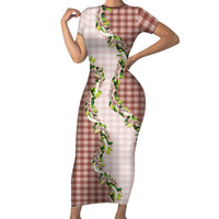 Mocha Hawaii Palaka Short Sleeve Bodycon Dress Maile Pikake Honohono Orchid Lei LT05 Long Dress Mocha - Polynesian Pride