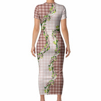 Mocha Hawaii Palaka Short Sleeve Bodycon Dress Maile Pikake Honohono Orchid Lei LT05 - Polynesian Pride
