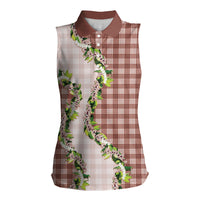 Mocha Hawaii Palaka Women Sleeveless Polo Shirt Maile Pikake Honohono Orchid Lei