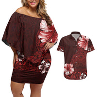 Hawaii Hibiscus With Oxblood Polynesian Pattern Couples Matching Off Shoulder Short Dress and Hawaiian Shirt
