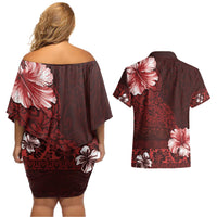 Hawaii Hibiscus With Oxblood Polynesian Pattern Couples Matching Off Shoulder Short Dress and Hawaiian Shirt
