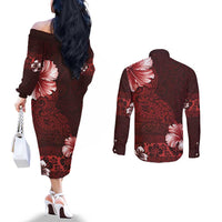 Hawaii Hibiscus With Oxblood Polynesian Pattern Couples Matching Off The Shoulder Long Sleeve Dress and Long Sleeve Button Shirt