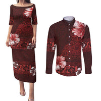 Hawaii Hibiscus With Oxblood Polynesian Pattern Couples Matching Puletasi and Long Sleeve Button Shirt
