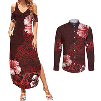 Hawaii Hibiscus With Oxblood Polynesian Pattern Couples Matching Summer Maxi Dress and Long Sleeve Button Shirt