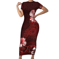 Hawaii Hibiscus With Oxblood Polynesian Pattern Family Matching Short Sleeve Bodycon Dress and Hawaiian Shirt
