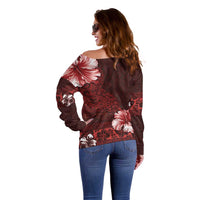 Hawaii Hibiscus With Oxblood Polynesian Pattern Off Shoulder Sweater
