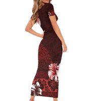 Hawaii Hibiscus With Oxblood Polynesian Pattern Short Sleeve Bodycon Dress