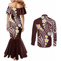 Plumeria With Oxblood Polynesian Tattoo Pattern Couples Matching Mermaid Dress and Long Sleeve Button Shirt