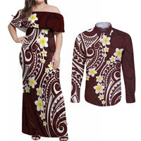Plumeria With Oxblood Polynesian Tattoo Pattern Couples Matching Off Shoulder Maxi Dress and Long Sleeve Button Shirt