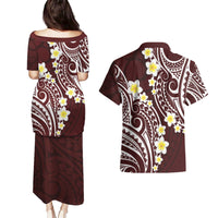 Plumeria With Oxblood Polynesian Tattoo Pattern Couples Matching Puletasi and Hawaiian Shirt