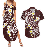 Plumeria With Oxblood Polynesian Tattoo Pattern Couples Matching Summer Maxi Dress and Hawaiian Shirt