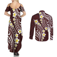 Plumeria With Oxblood Polynesian Tattoo Pattern Couples Matching Summer Maxi Dress and Long Sleeve Button Shirt