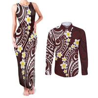 Plumeria With Oxblood Polynesian Tattoo Pattern Couples Matching Tank Maxi Dress and Long Sleeve Button Shirt