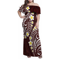 Plumeria With Oxblood Polynesian Tattoo Pattern Family Matching Off Shoulder Maxi Dress and Hawaiian Shirt